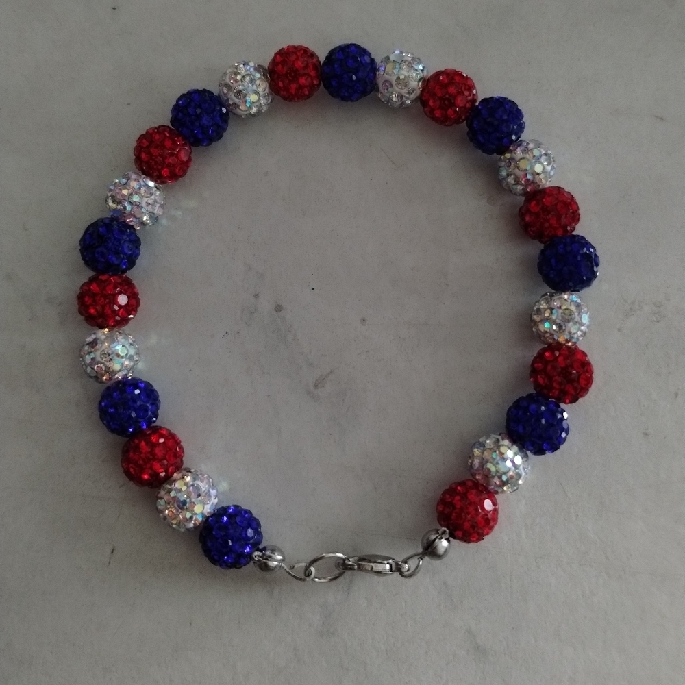 Handmade Red, White & Blue Rhinestone Beaded Bracelet - Picture 3 of 3